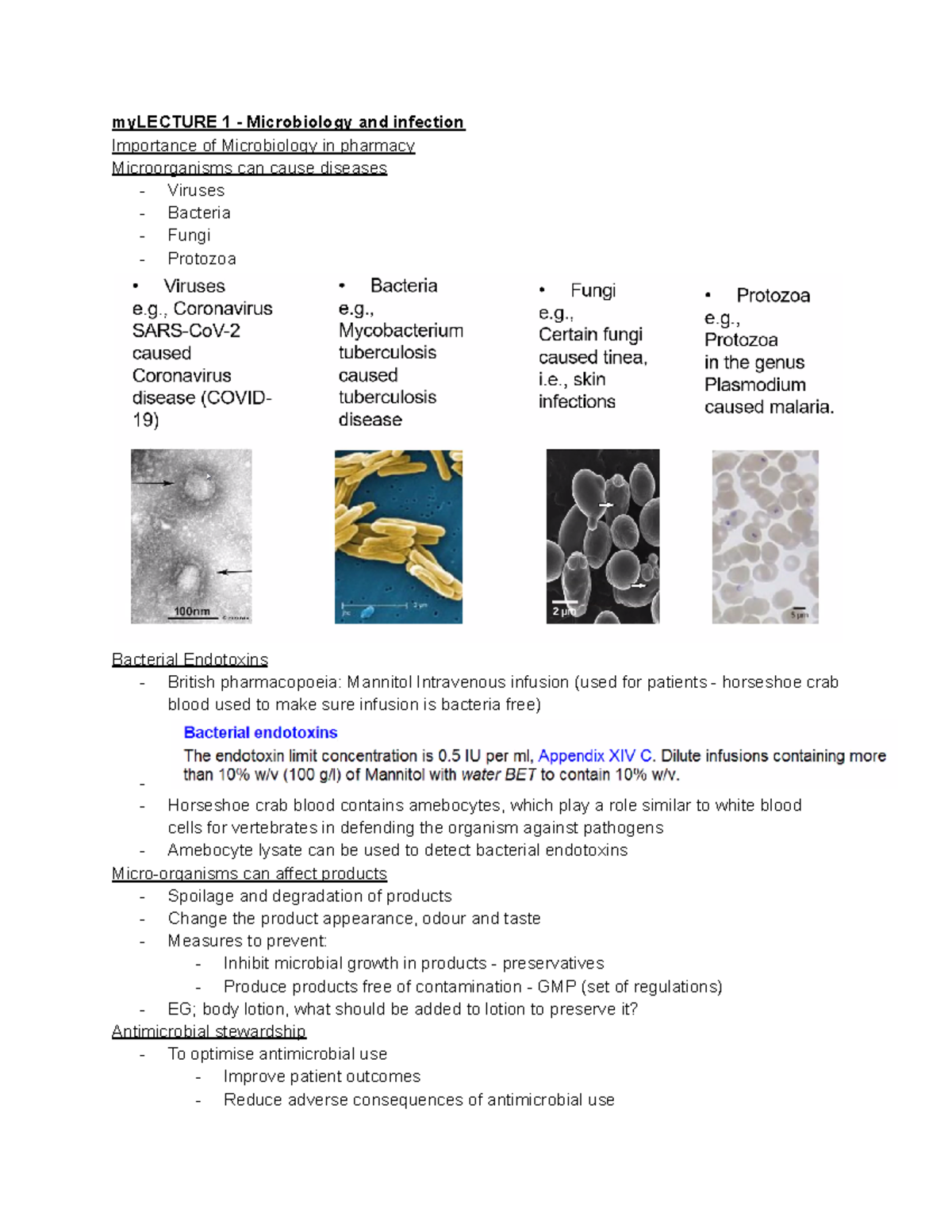 Phar2812 - Lecture notes ALL - myLECTURE 1 - Microbiology and infection ...