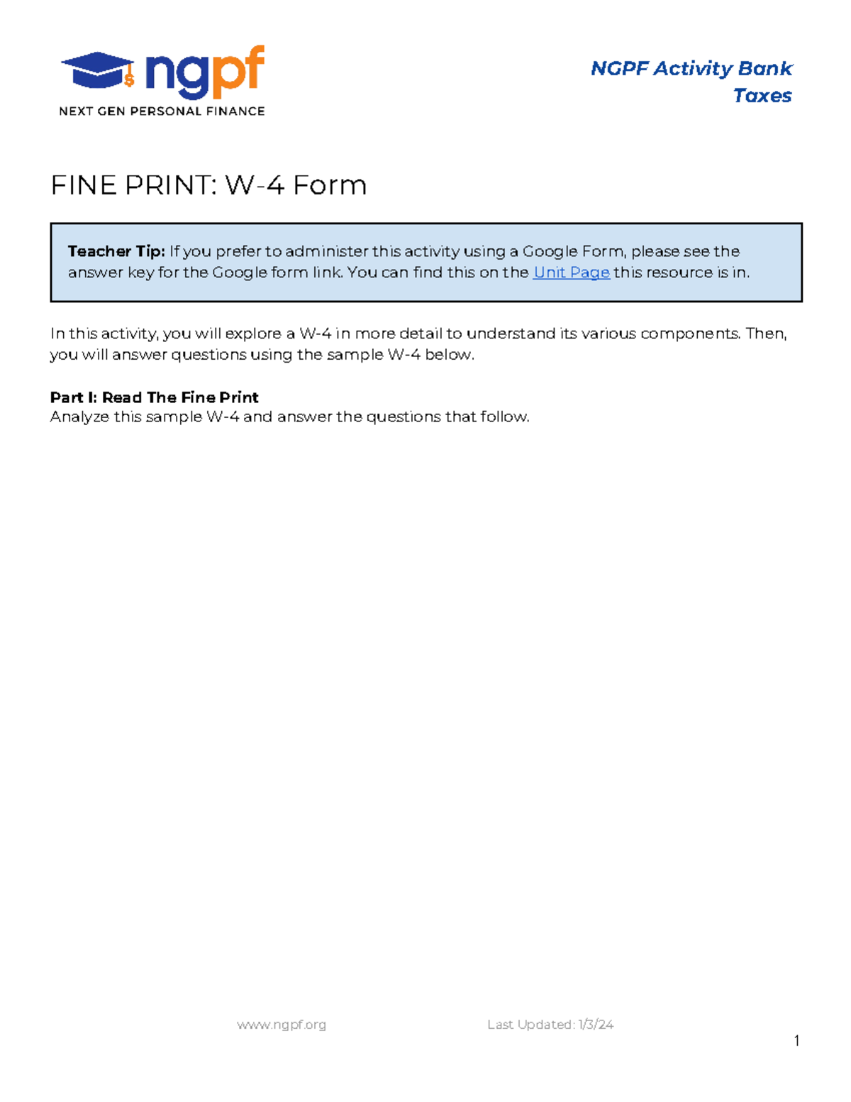 FINE Print W-4 Form Answer Key - NGPF Activity Bank Taxes FINE PRINT: W ...