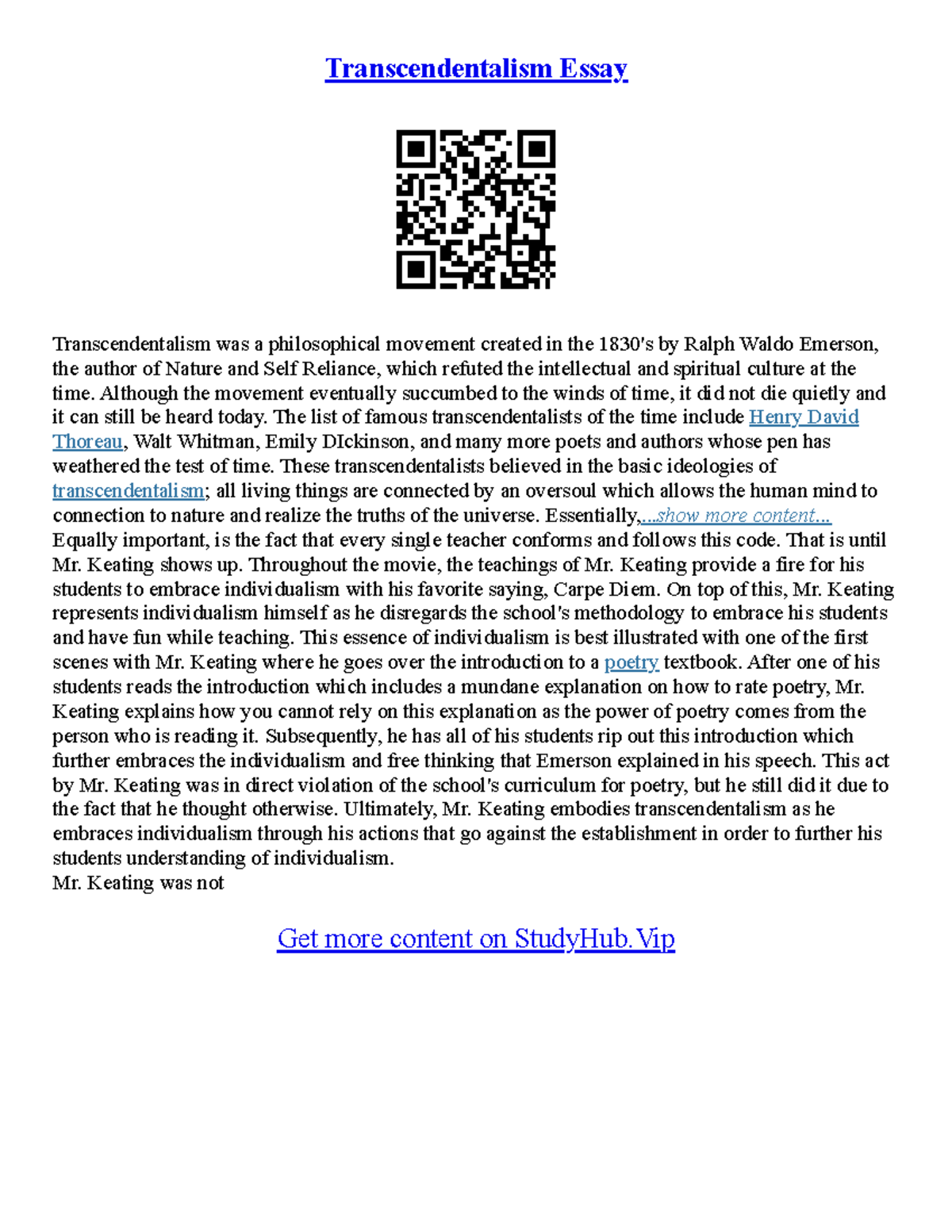 Essays On Transcendentalism - Transcendentalism Essay Transcendentalism ...