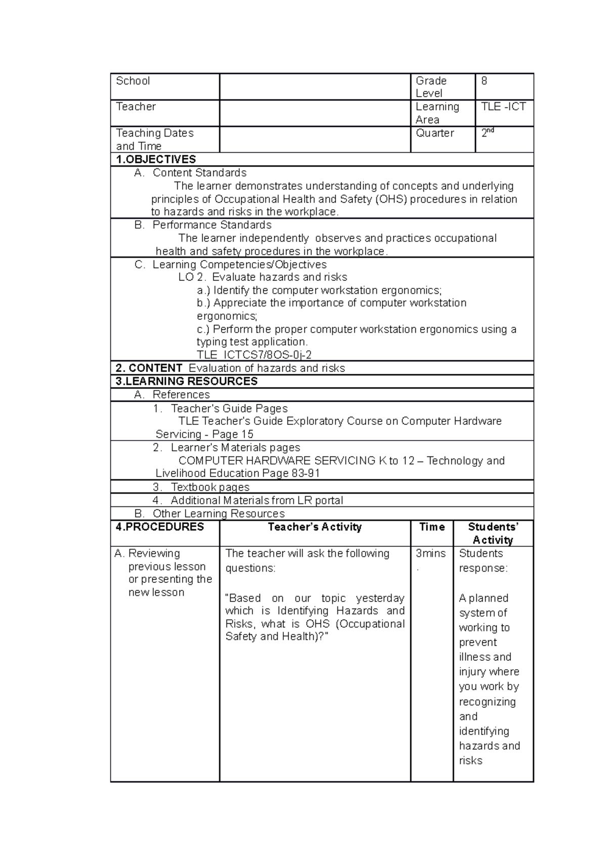 Lesson 7 DLP Grade 8 TLE-ICT ( Evaluate Hazard AND Risks) - School ...