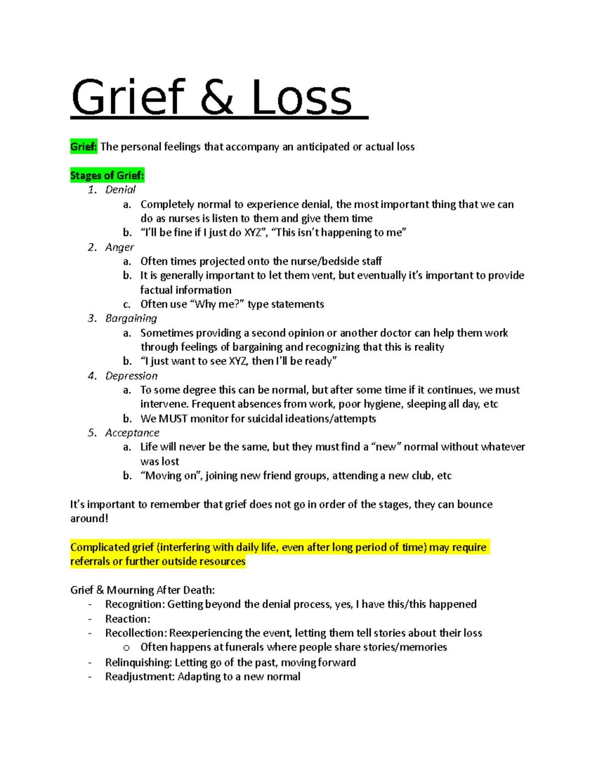 Unit 1 Study Guide - Grief & Loss Grief: The personal feelings that ...