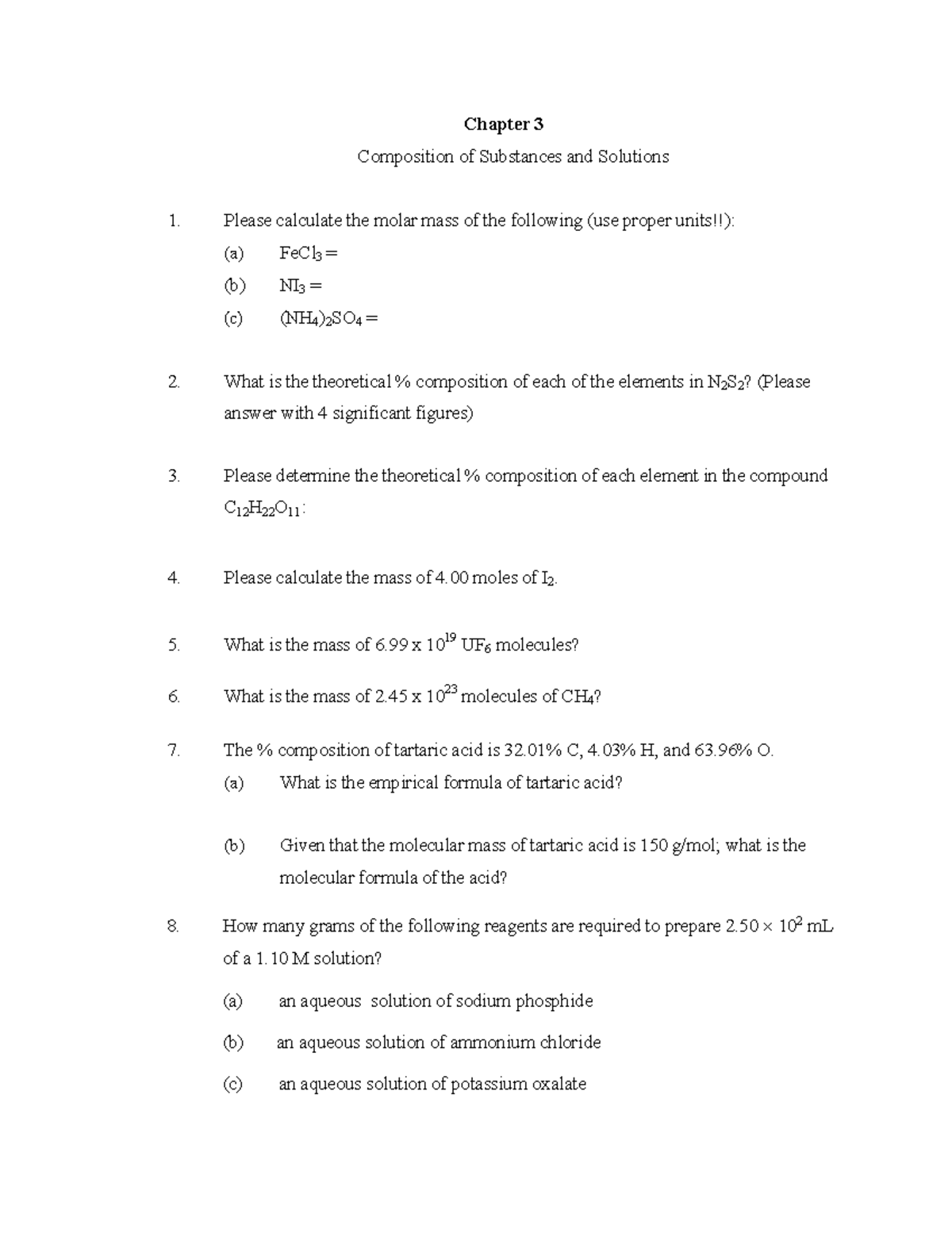 Molar Mass Chapter 3 Practice - Chapter 3 Composition of Substances and ...