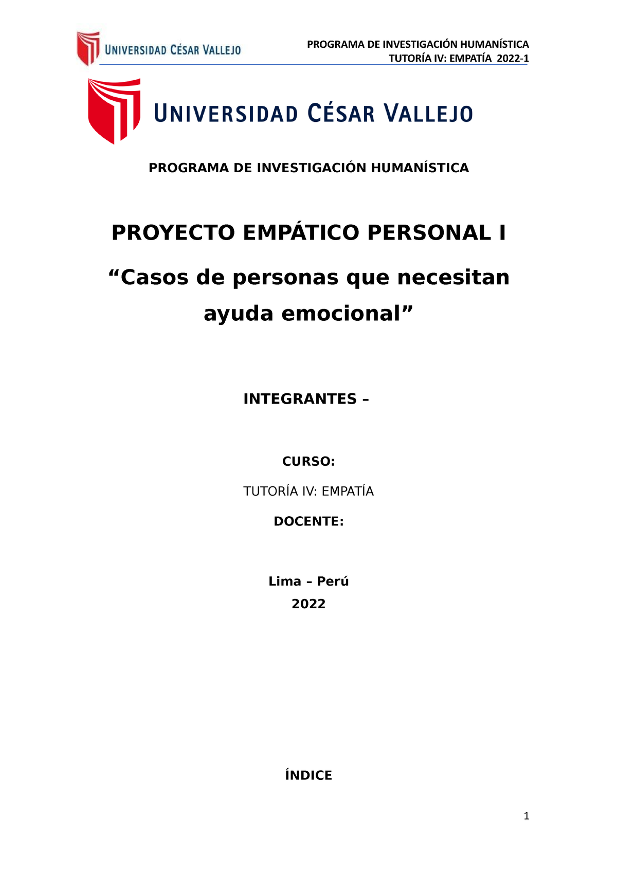 Proyecto Personal Empatico I - TUTORÍA IV: EMPATÍA 2022- PROGRAMA DE ...