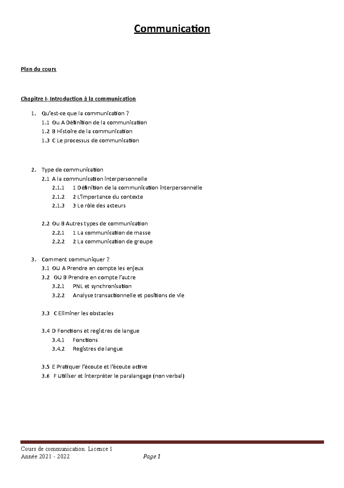 L1 cours de communication 2022 séance 1 - Communication Plan du cours ...
