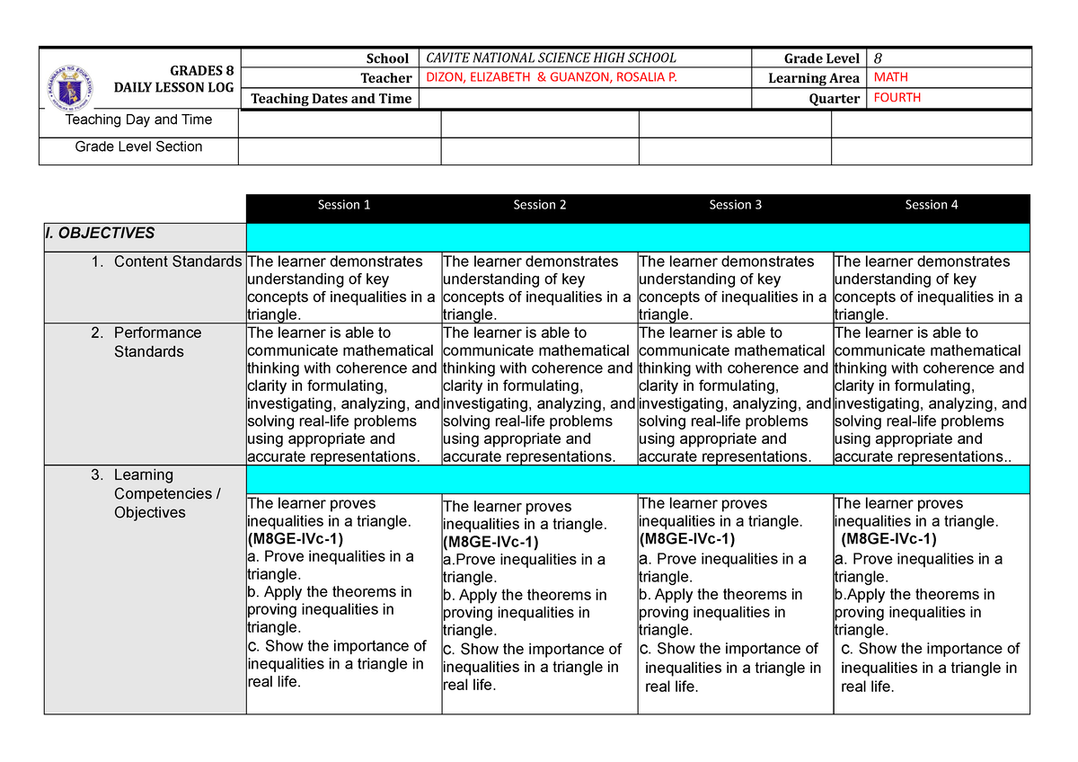 Daily Lesson Log Grade 8 Quarter 4 Week 50 - GRADES 8 DAILY LESSON LOG ...