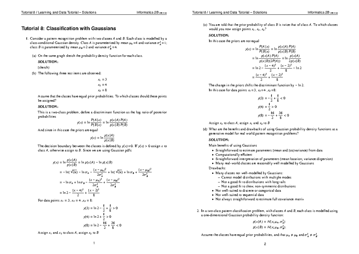 Tutorial Solutions 08 - Consider a pattern recognition problem with two ...