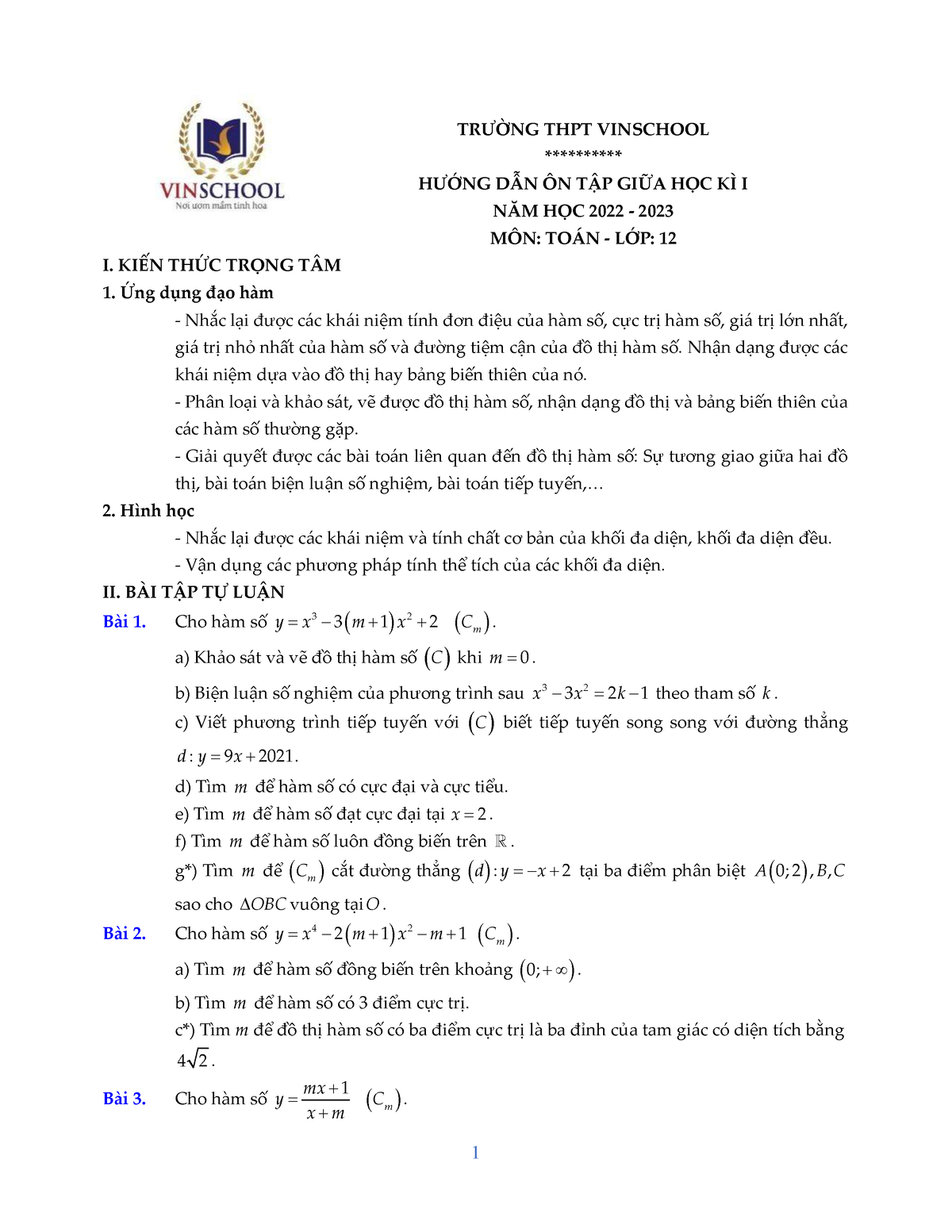 Huong Dan On Tap Giua Ki 1 Toan 12 Nam 2022 2023 Truong Vinschool Ha ...