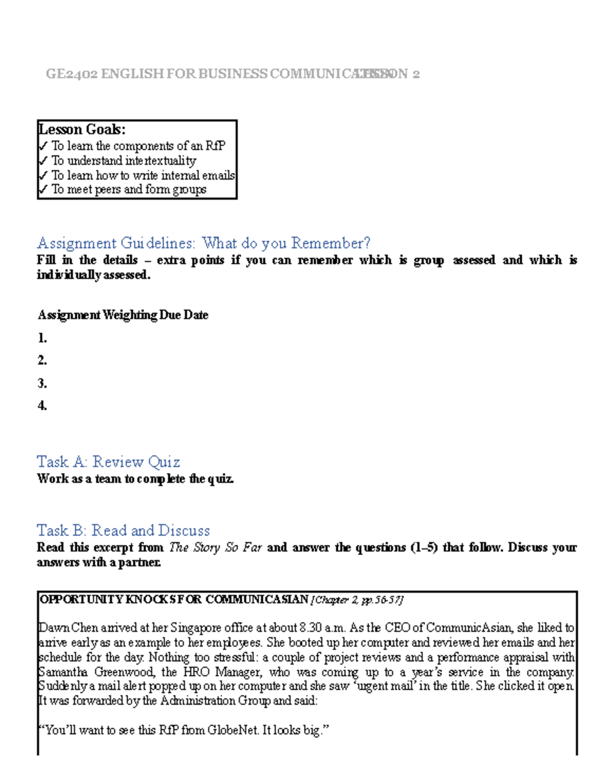 Lesson+2 Handout - GE2402 ENGLISH FOR BUSINESS COMMUNICATIONLESSON 2 ...