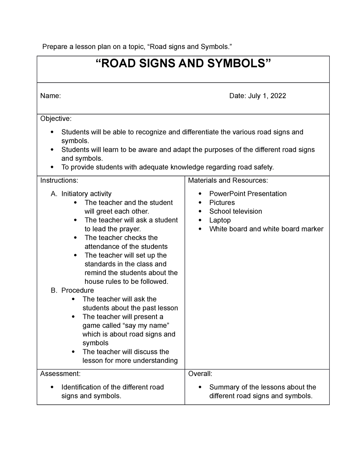 Daasdasda - Asdasd - Prepare A Lesson Plan On A Topic, “road Signs And 