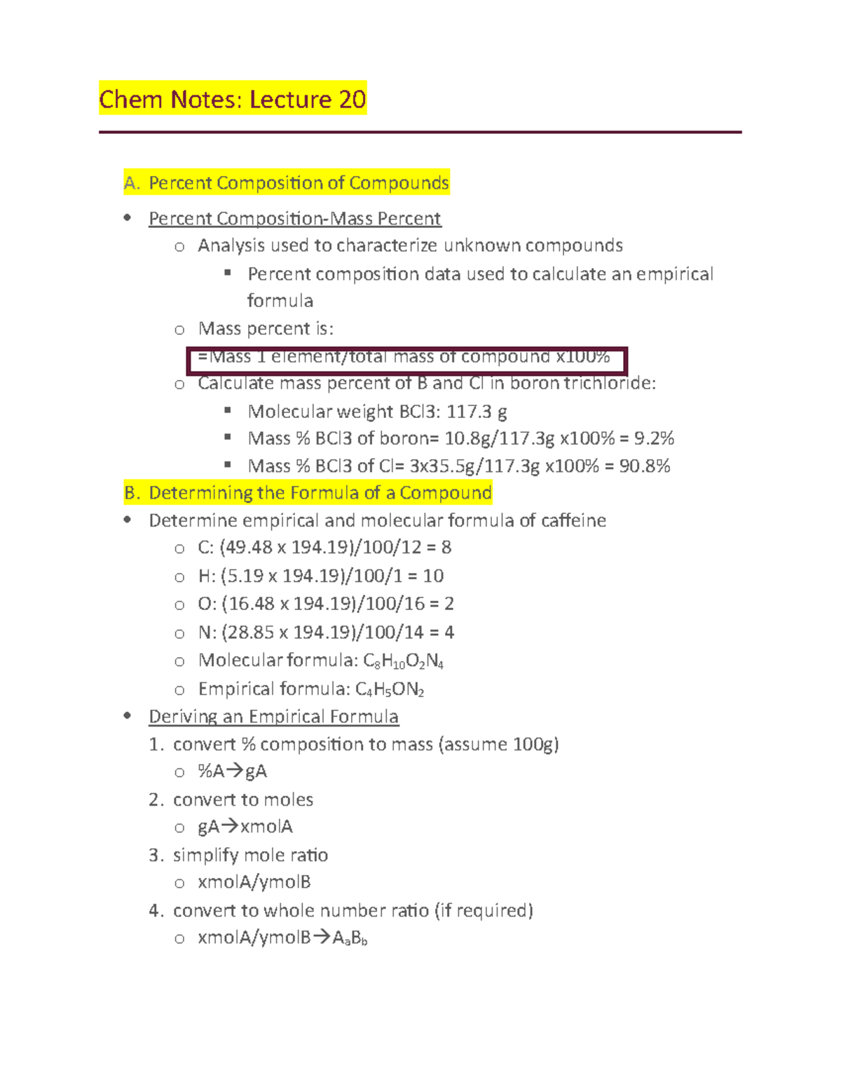lecture notes mass composition compound formulas hilty - Chem Notes ...