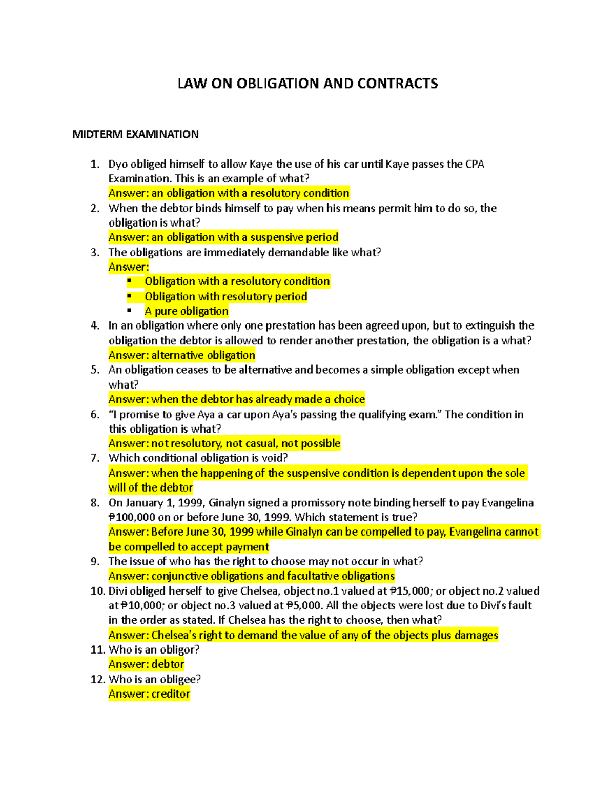 Oblicon - Midterm Examination - LAW ON OBLIGATION AND CONTRACTS MIDTERM ...