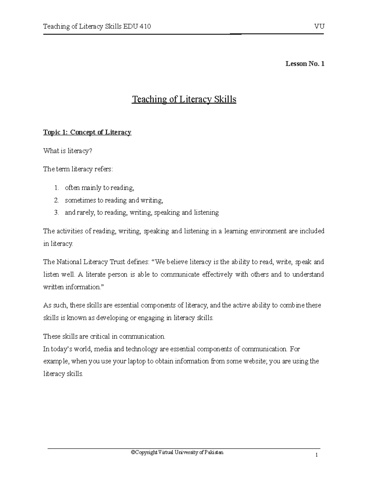Edu 410 Handout v3 shared - Lesson No. 1 Teaching of Literacy Skills ...