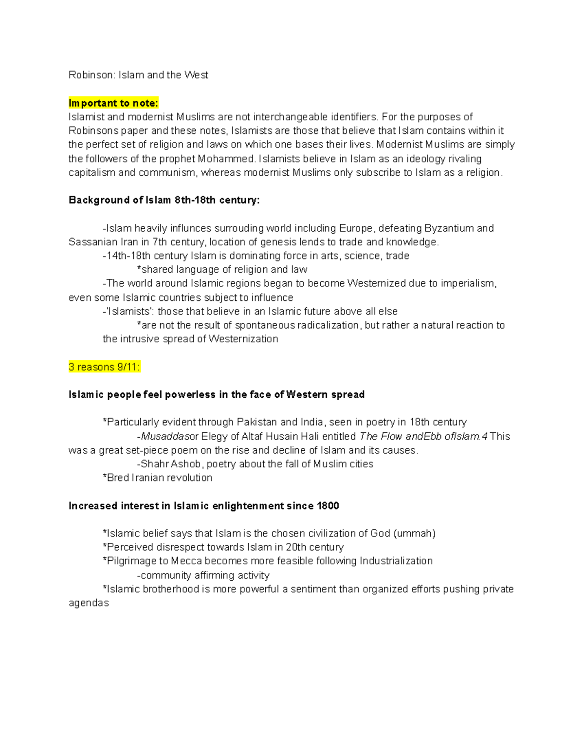 INS week 13 lecture notes - Robinson: Islam and the West Important to ...