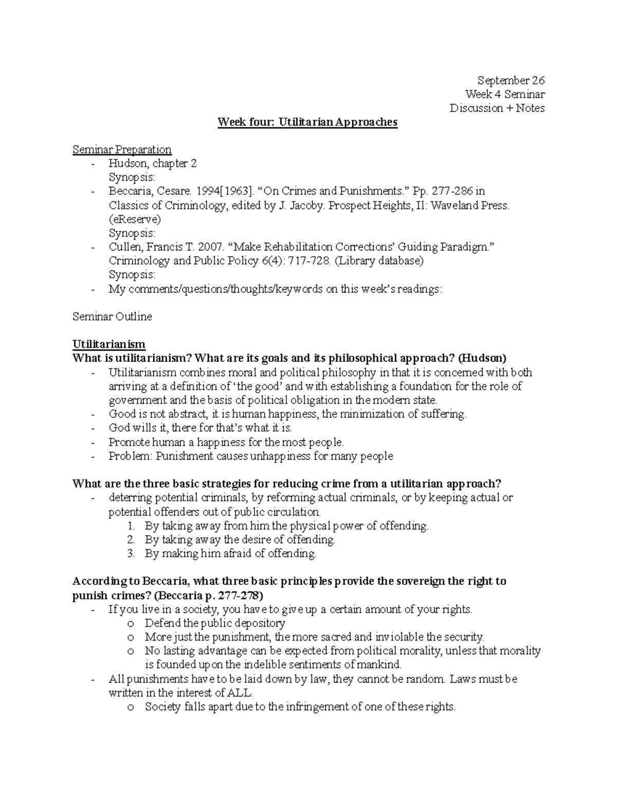 WEEK 4 Seminar Outline - Lecture notes - September 26 Week 4 Seminar ...