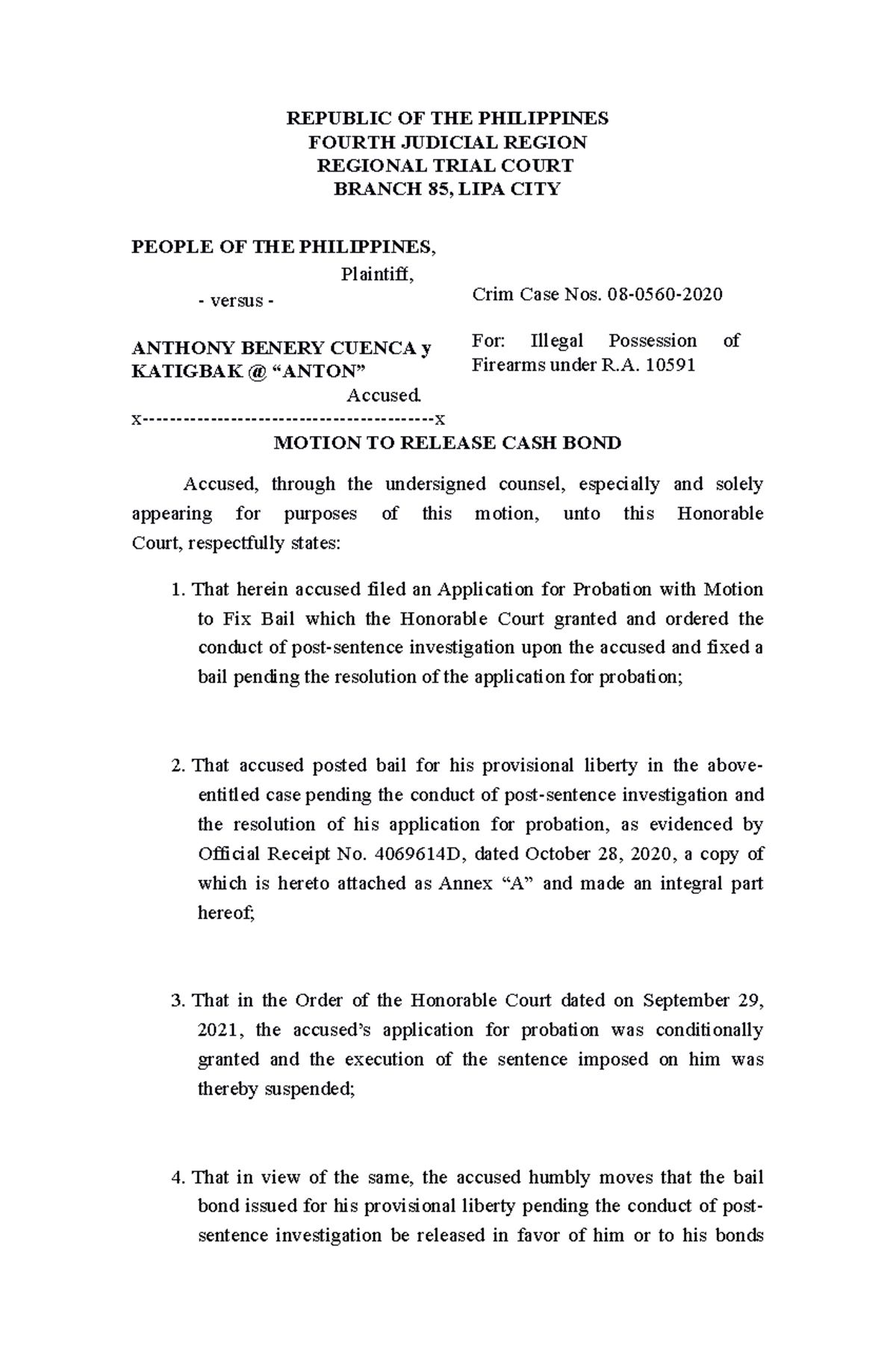 Motion TO Release CASH BOND Anthony Cuenca REPUBLIC OF THE 