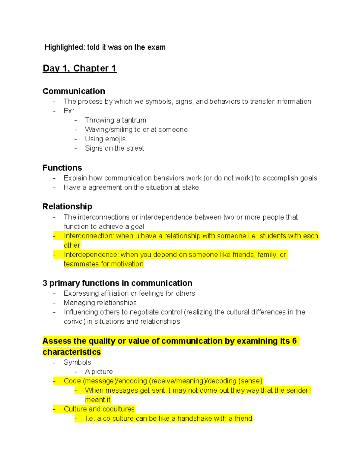 Hcom Notes Exam 1 - Highlighted: Told It Was On The Exam Day 1, Chapter 