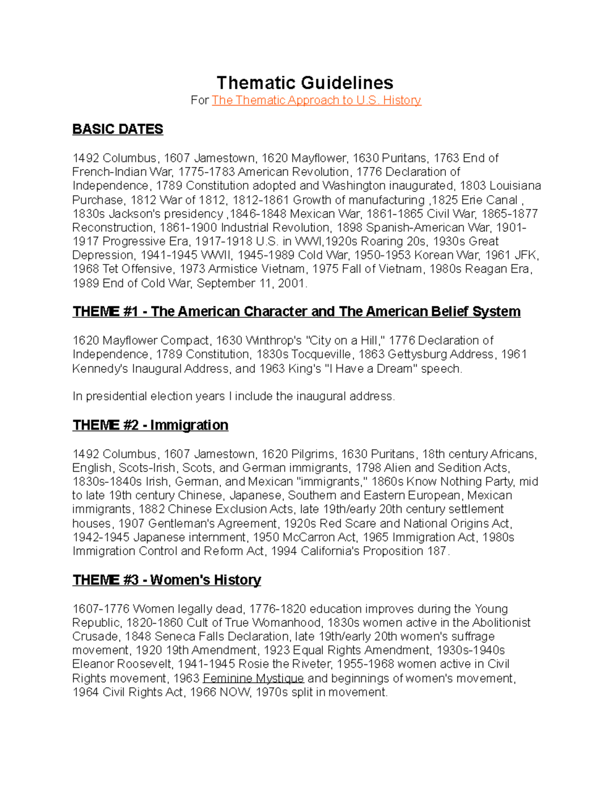 Basic dates american history Thematic Guidelines For The Thematic