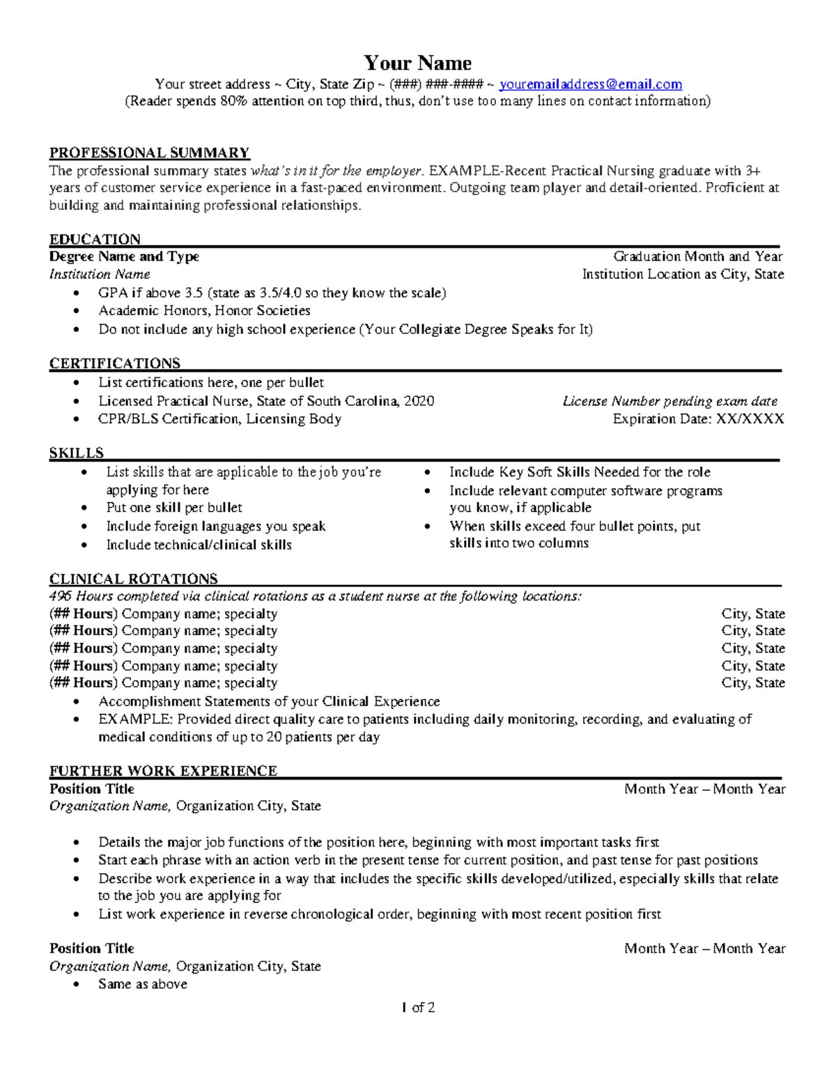 PN Resume template - Good - 1 of 2 Your Name Your street address ~ City ...