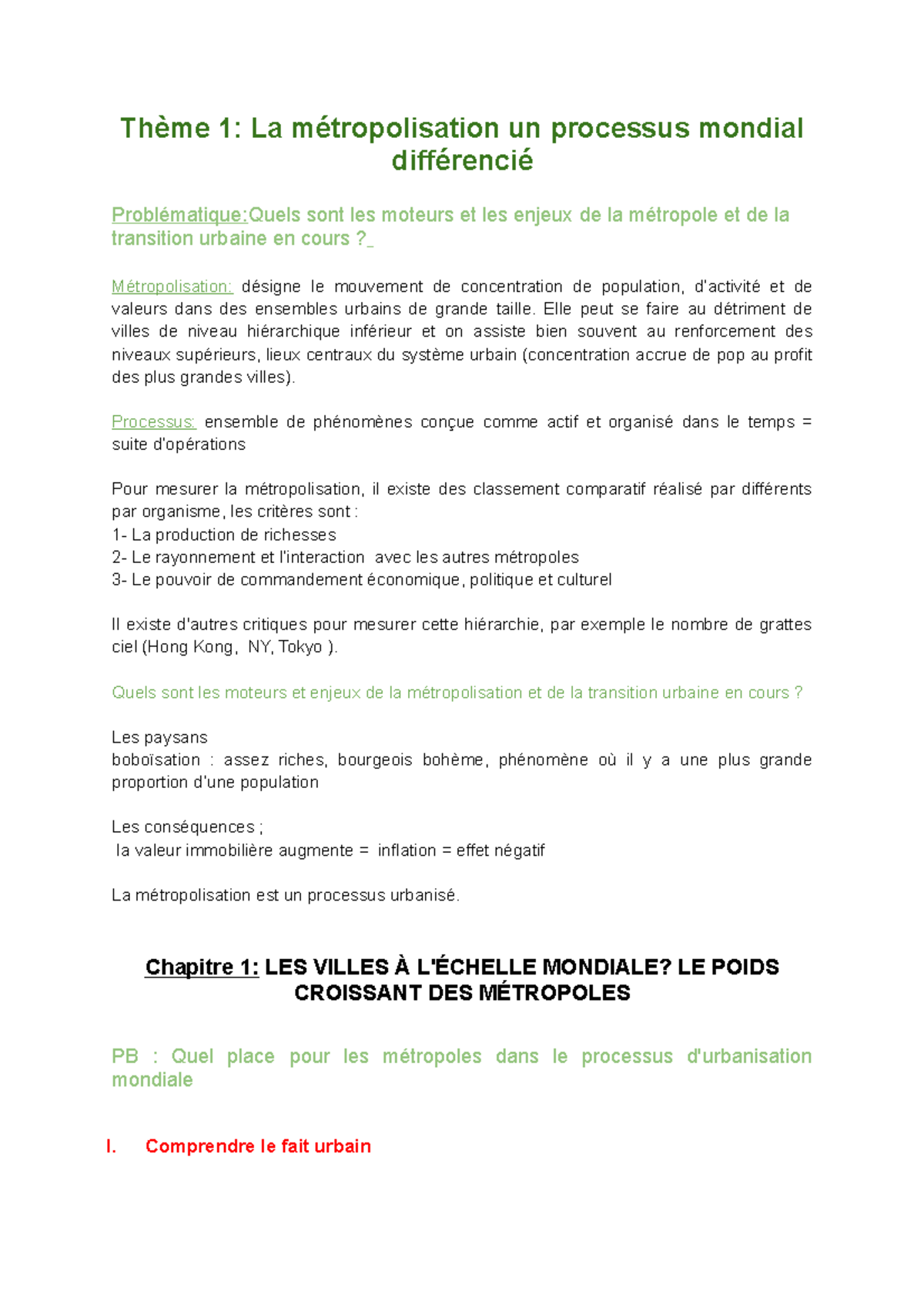 La Métropolisation Un Processus Mondial Différencié Fiche De Révision Pdf Géographie - Thème 1 - Thème 1: La métropolisation un processus mondial  différencié - Studocu