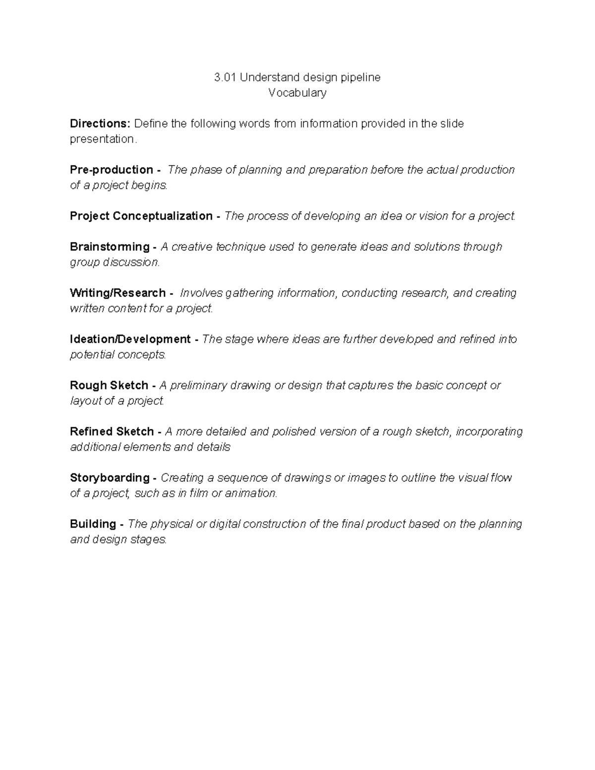 3.01 design pipeline Vocabulary - 3 Understand design pipeline ...