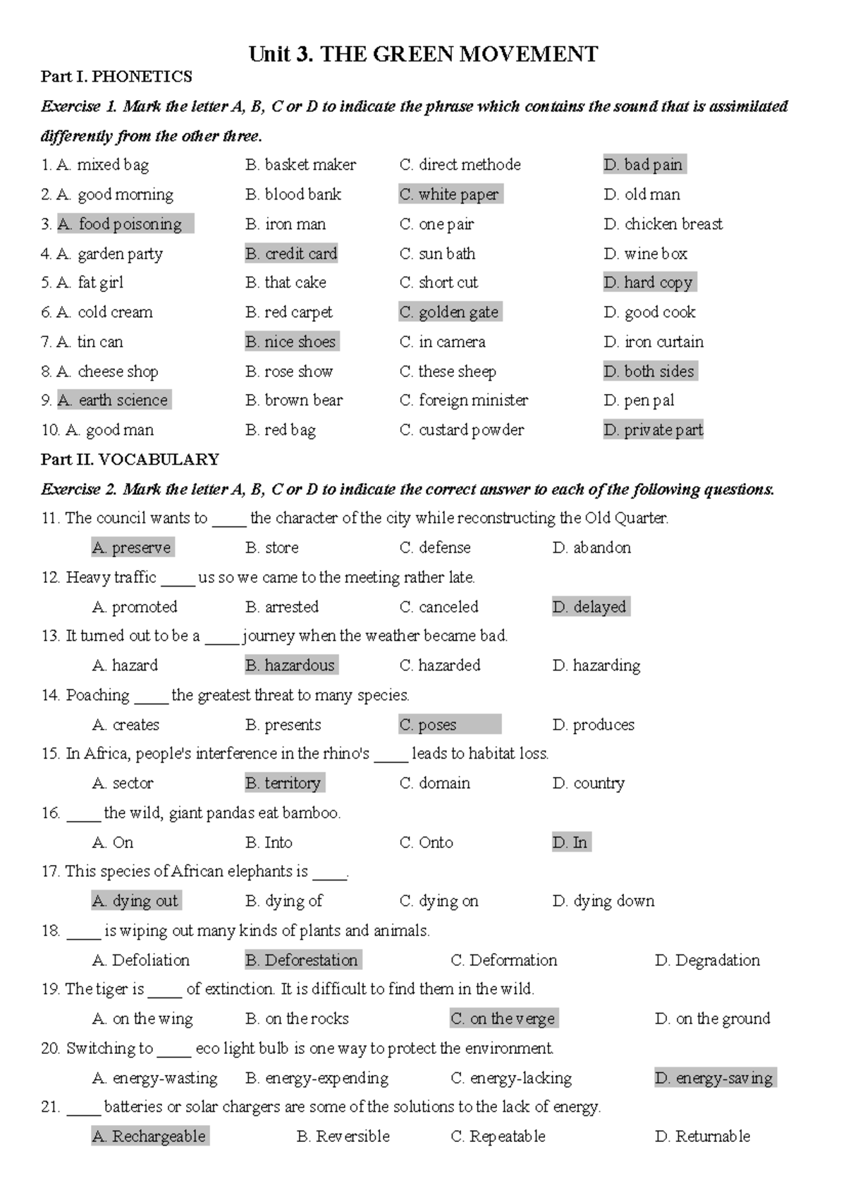 2146.Kiểm Tra 1 Tiết - Unit 3. THE GREEN MOVEMENT Part I. PHONETICS ...