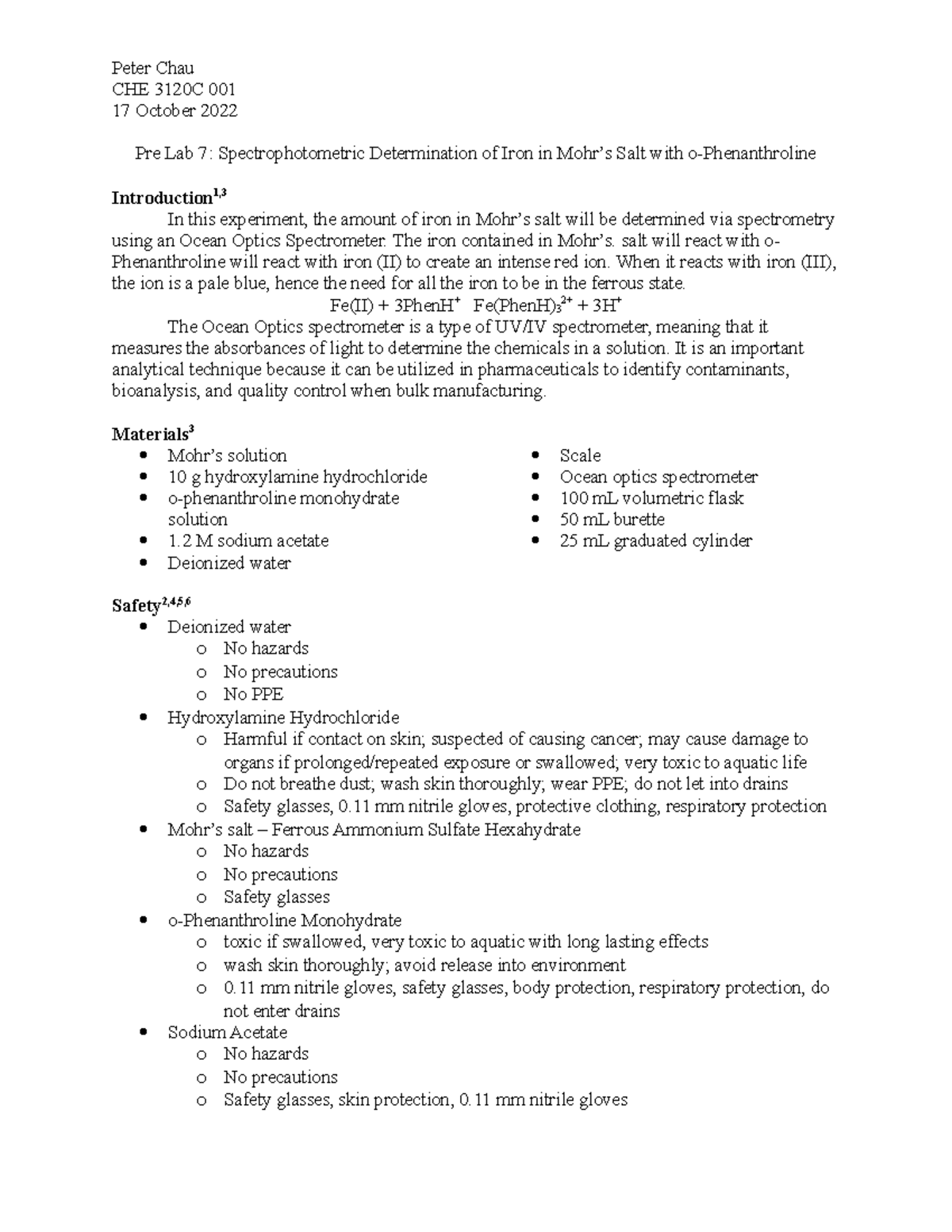 Pre Lab 7 - lab - Peter Chau CHE 3120C 001 17 October 2022 Pre Lab 7 ...