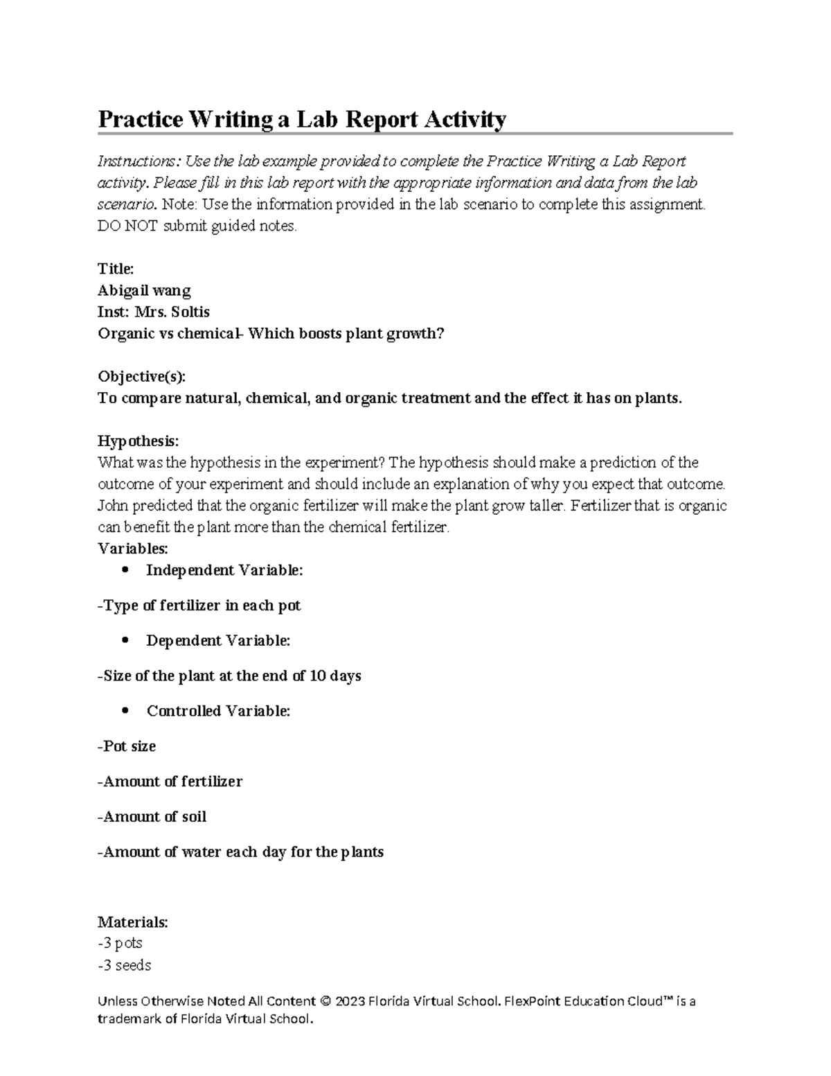 Practice writing a lab report DONE Practice Writing a Lab Report