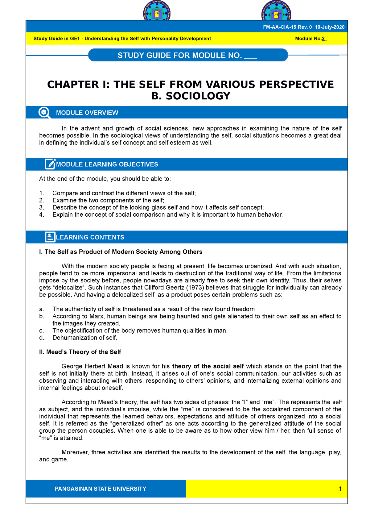 GE1 Module 2 - Sociology - 2 CHAPTER I: THE SELF FROM VARIOUS ...