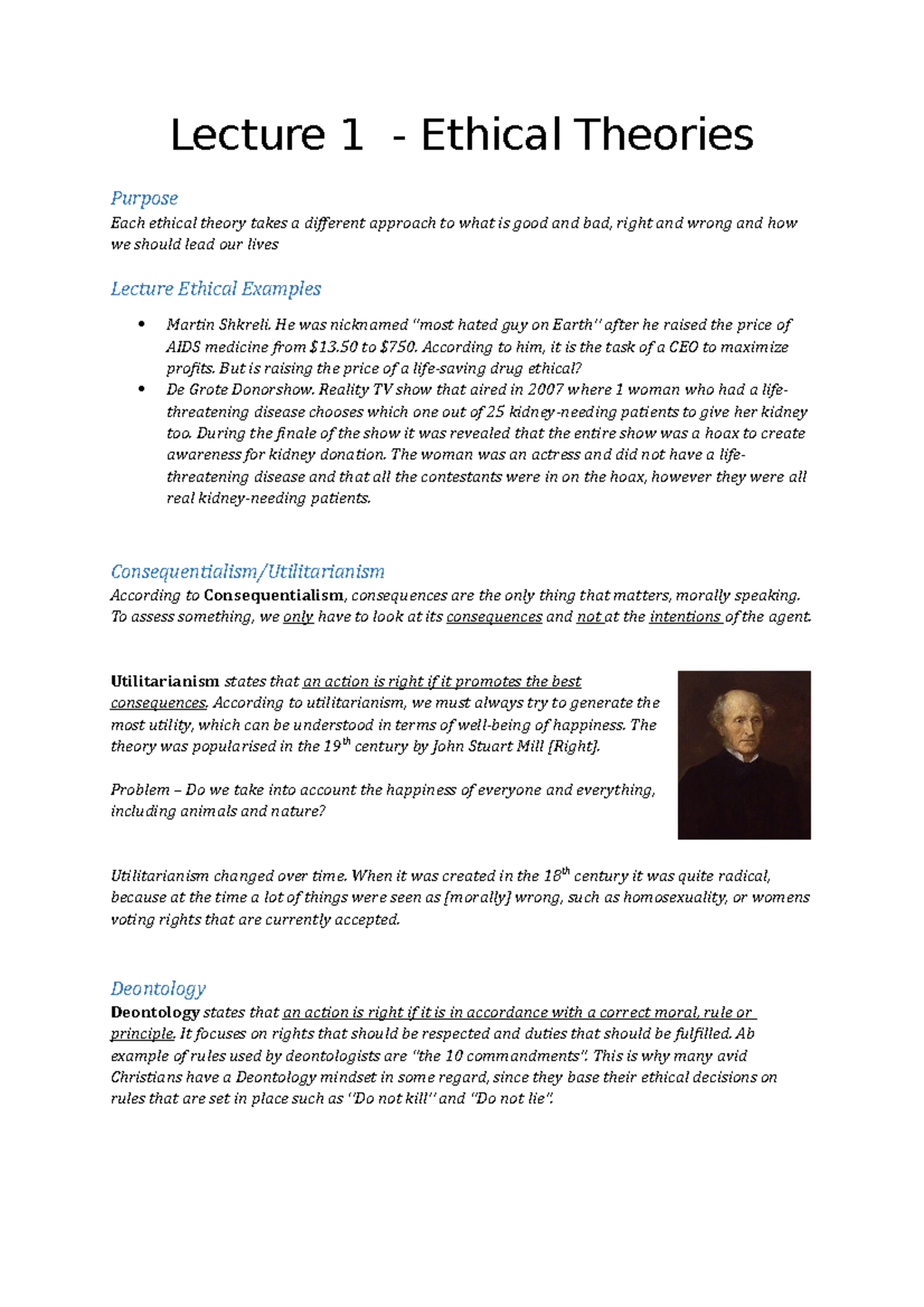 3 Main Ethical Theories Summary Lecture 1 Ethical Theories Purpose 