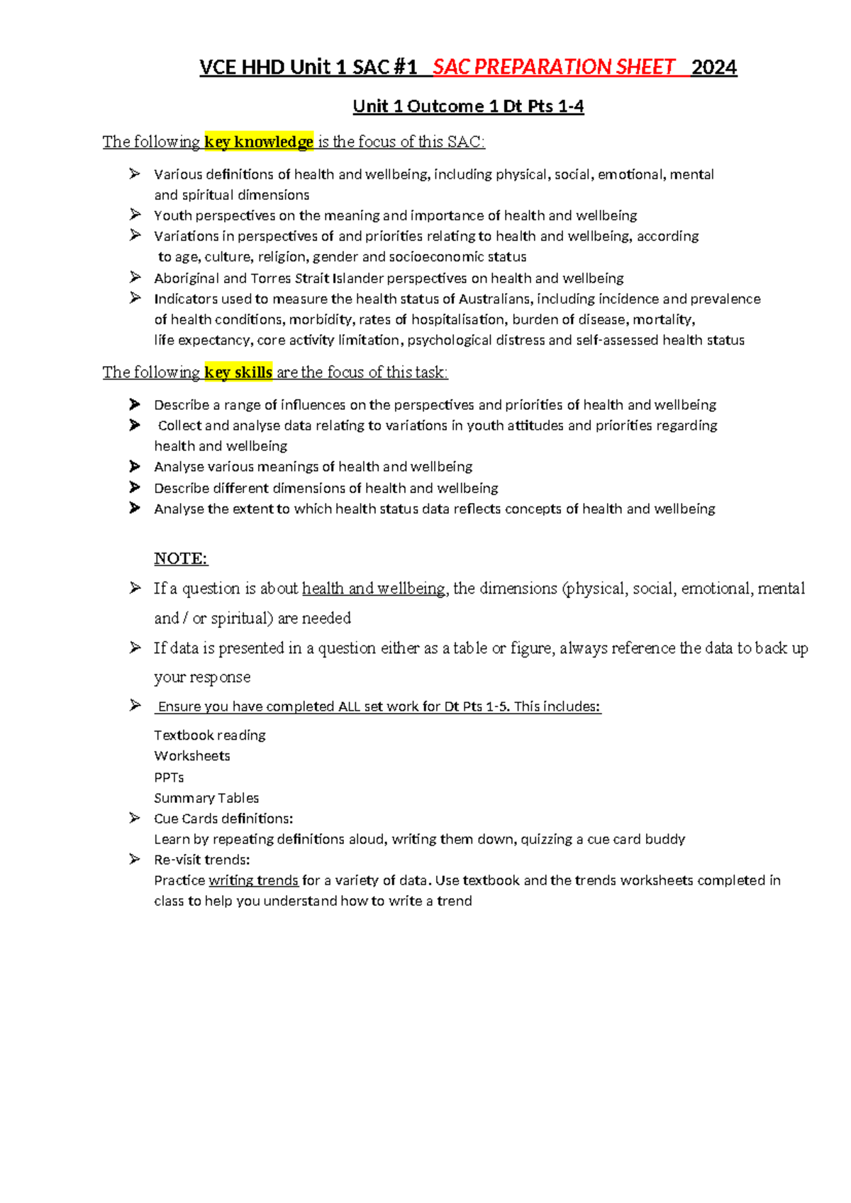 Year 11 HHD SAC 1 Prep Sheet 2024 VCE HHD Unit 1 SAC 1 SAC PREPARATION SHEET 2024 Unit 1