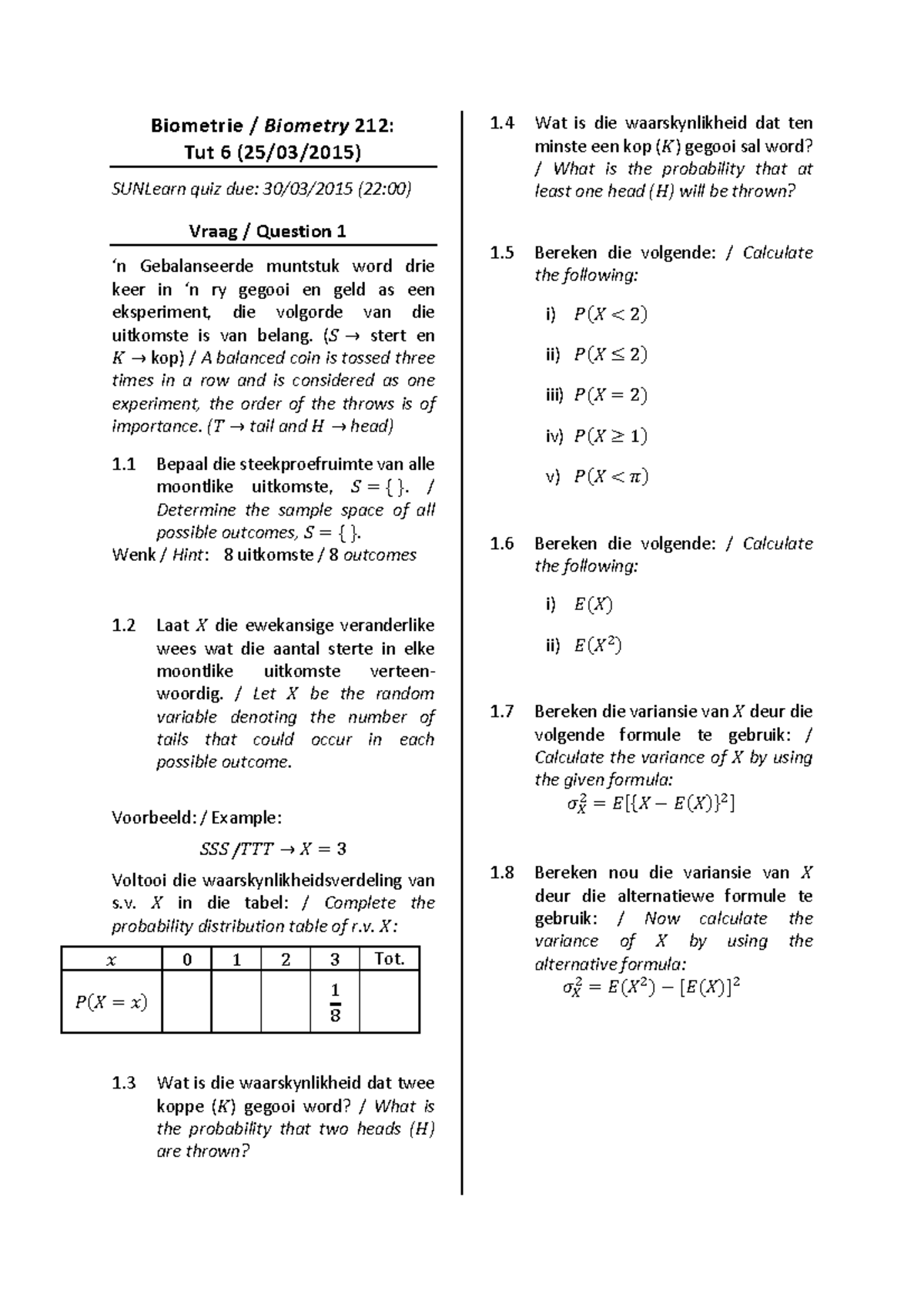 Tut 6 2015 6th tutorial biometry 212 Biometrie Biometry 212 Tut 6