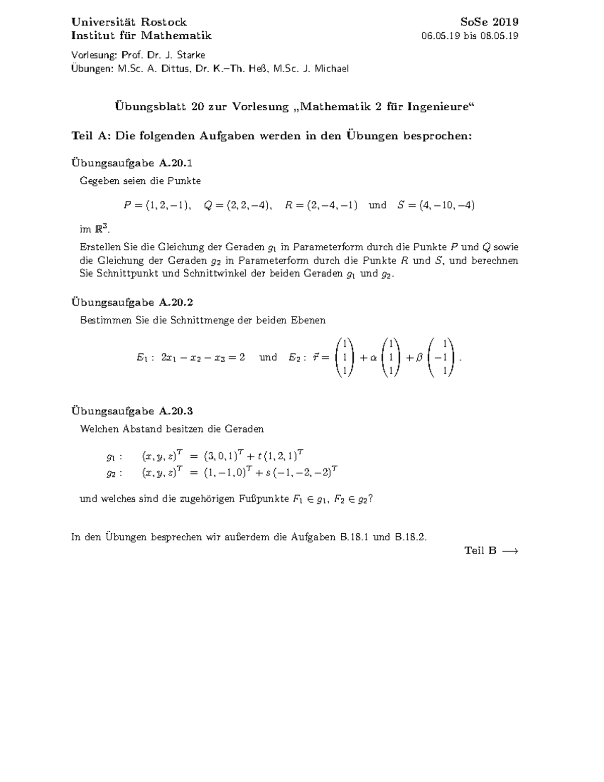 Blatt 20 - Sommersemester - Universit ̈ At Rostock SoSe 2019 Institut ...