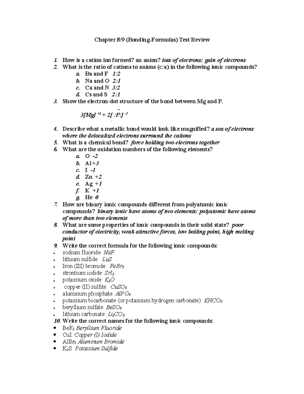 Unit 9 Chemical Names And Formulas Test Review