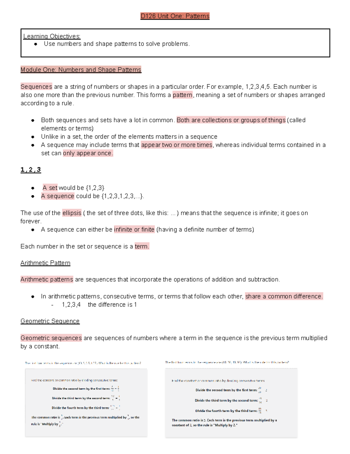 D126 Notes - D126 Unit One: Patterns Learning Objectives: Use numbers ...