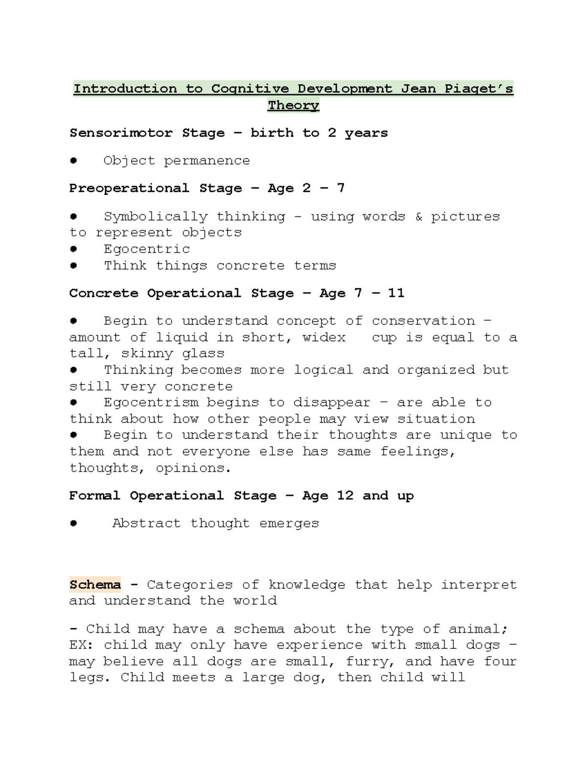 Wgu D094 Notes - Introduction To Cognitive Development Jean Piaget’s ...