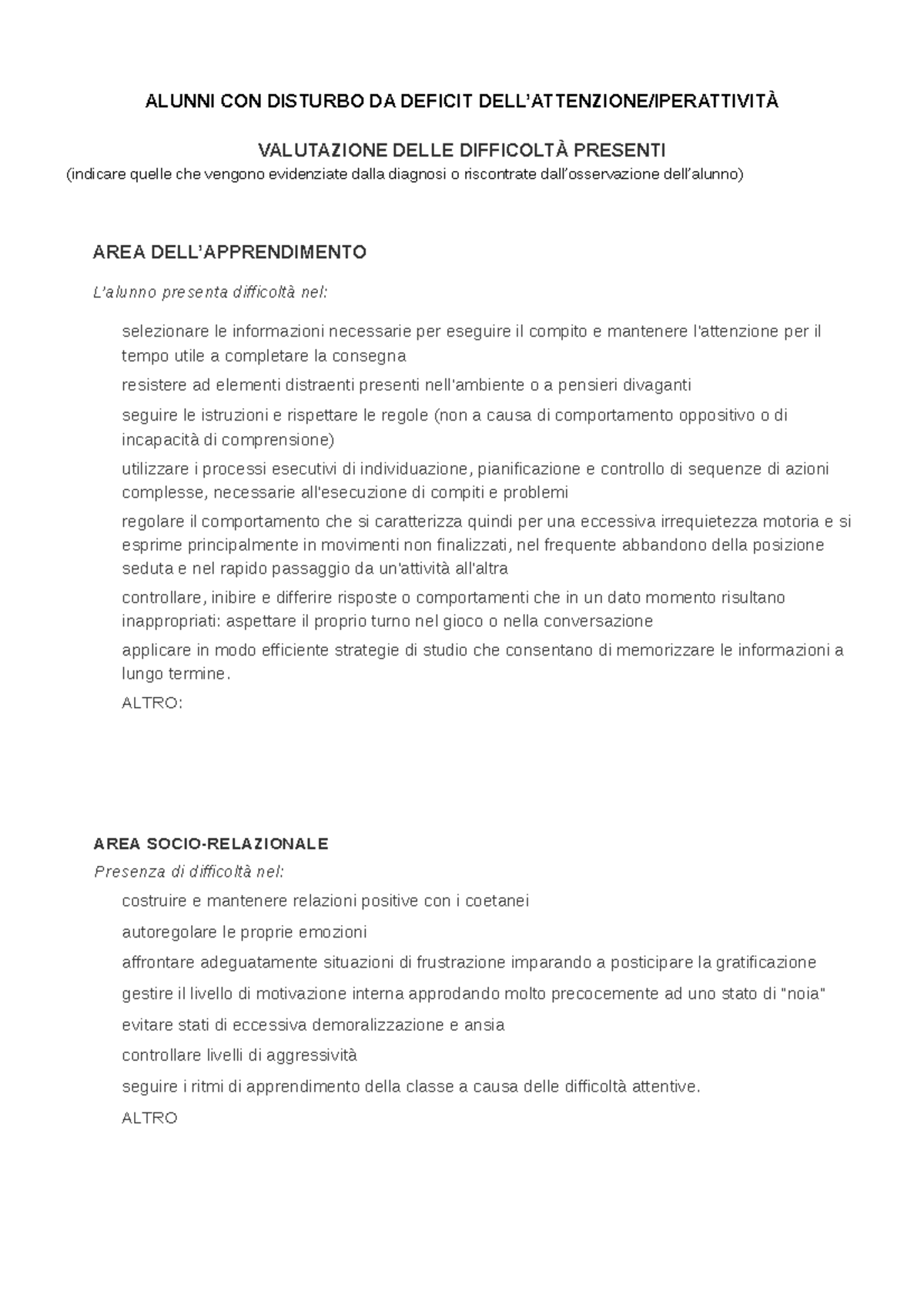 Alunni CON ADHD Valutazione Delle Difficoltà Presenti ALUNNI CON