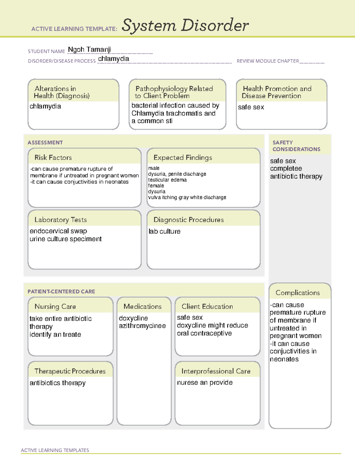 ALT Chlamydia - ACTIVE LEARNING TEMPLATES System Disorder STUDENT NAME ...