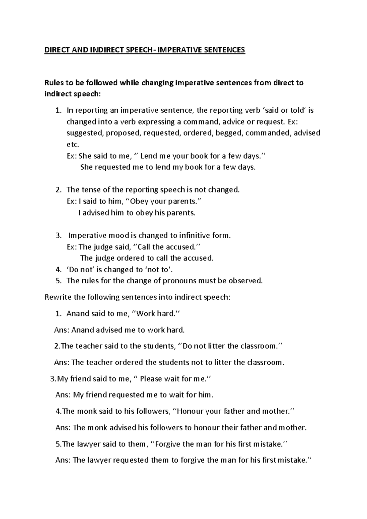 EL - Direct and Indirect Speech - Imperative Sentences - DIRECT AND ...