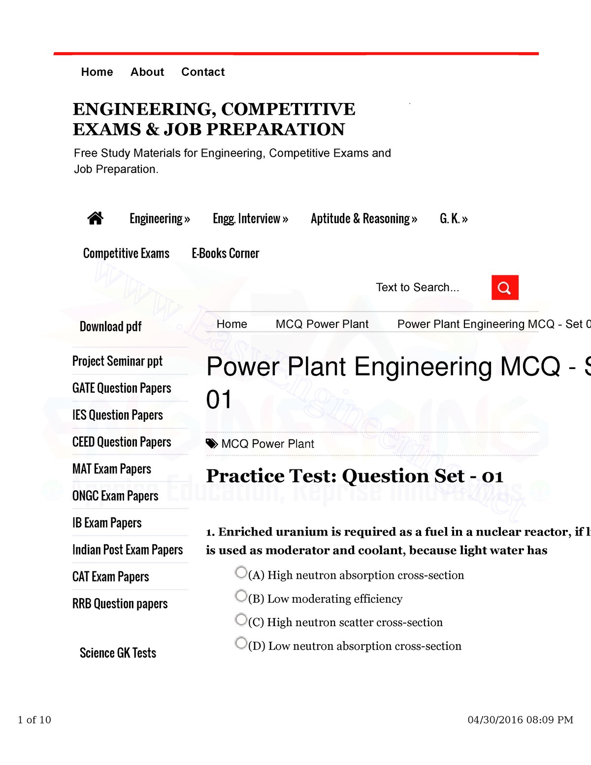 Power Plant Engineering MCQs PDF - Home About Contact Free Study ...