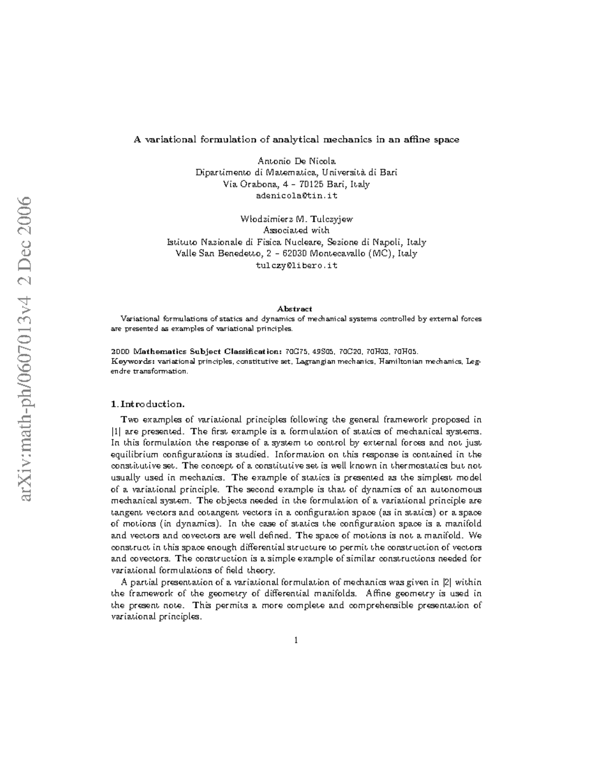 0607013 - Cours - arXiv:math-ph/0607013v4 2 Dec 2006 A variational ...