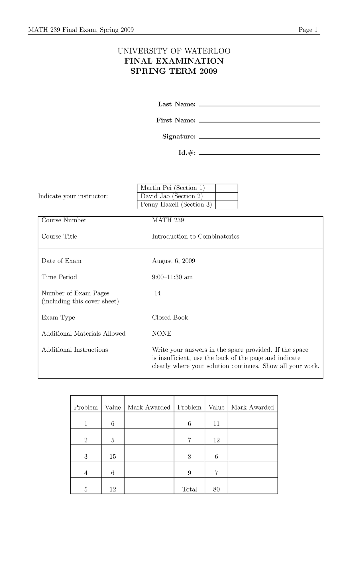 Exam 6 August 2009, Questions - University Of Waterloo Final 