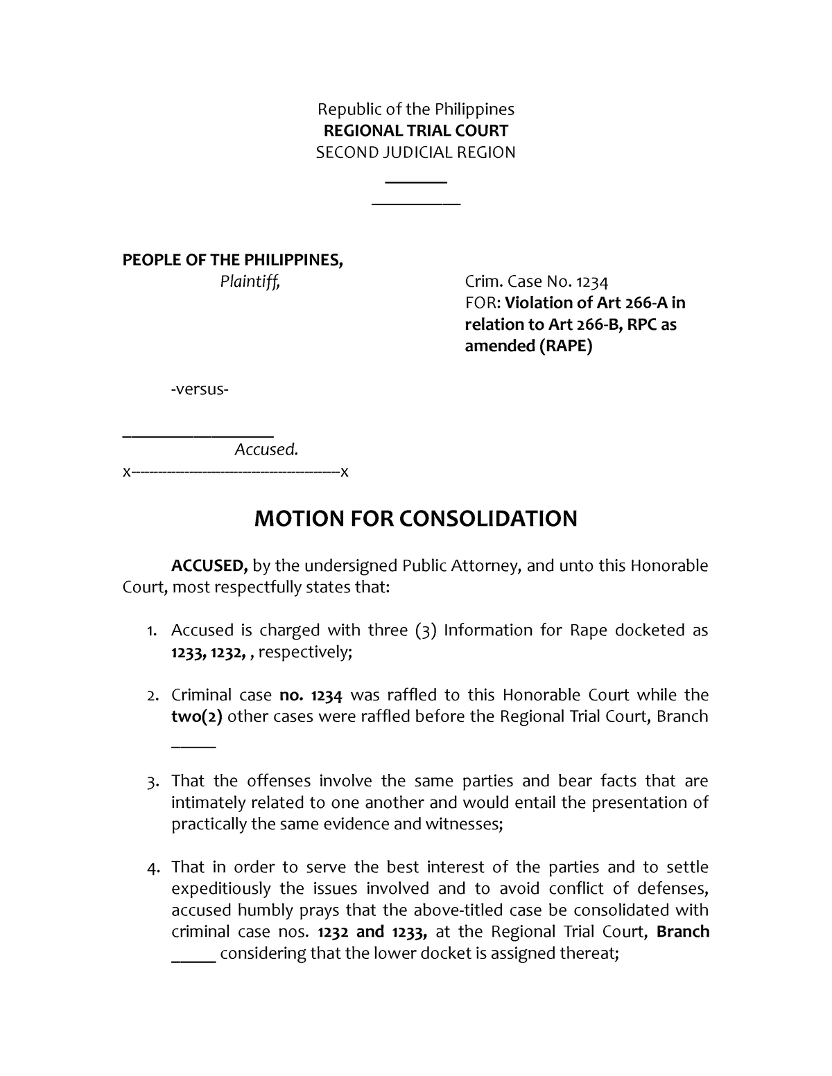 Sample Motion For Consolidation - Republic Of The Philippines REGIONAL ...