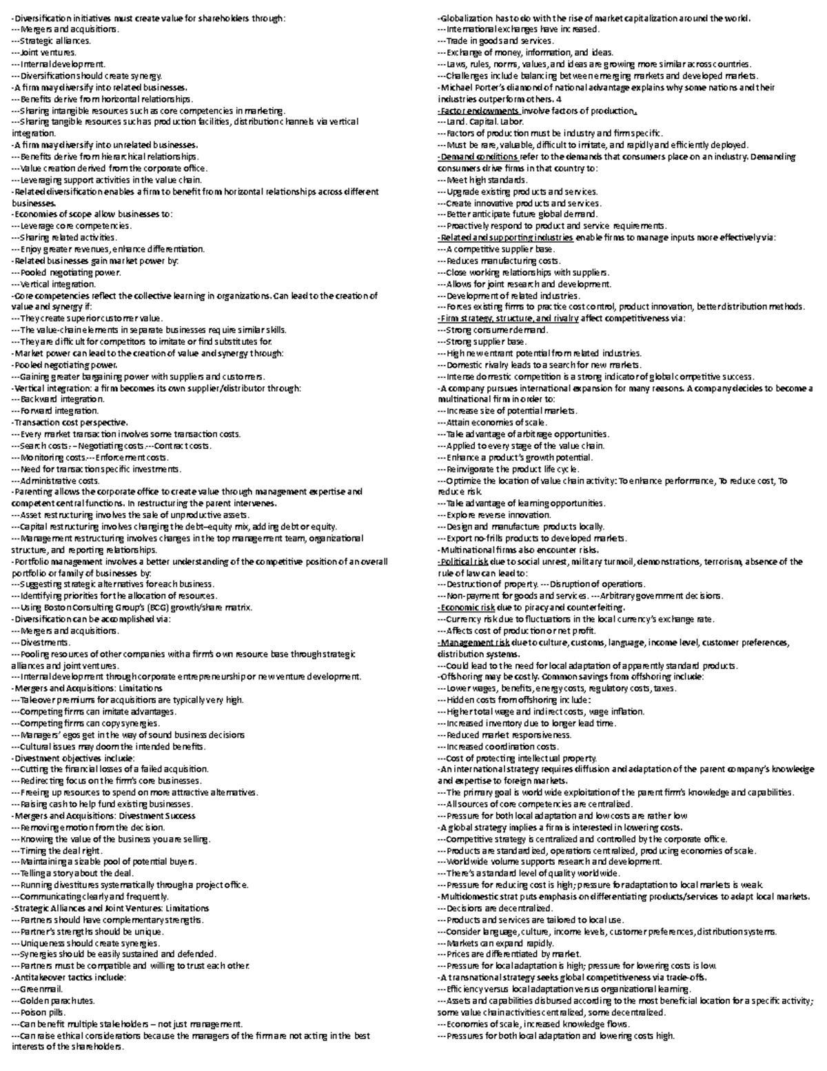 Exam 3 - Exam 3 study guide and cheat sheet, Dr. Nance -Diversification ...