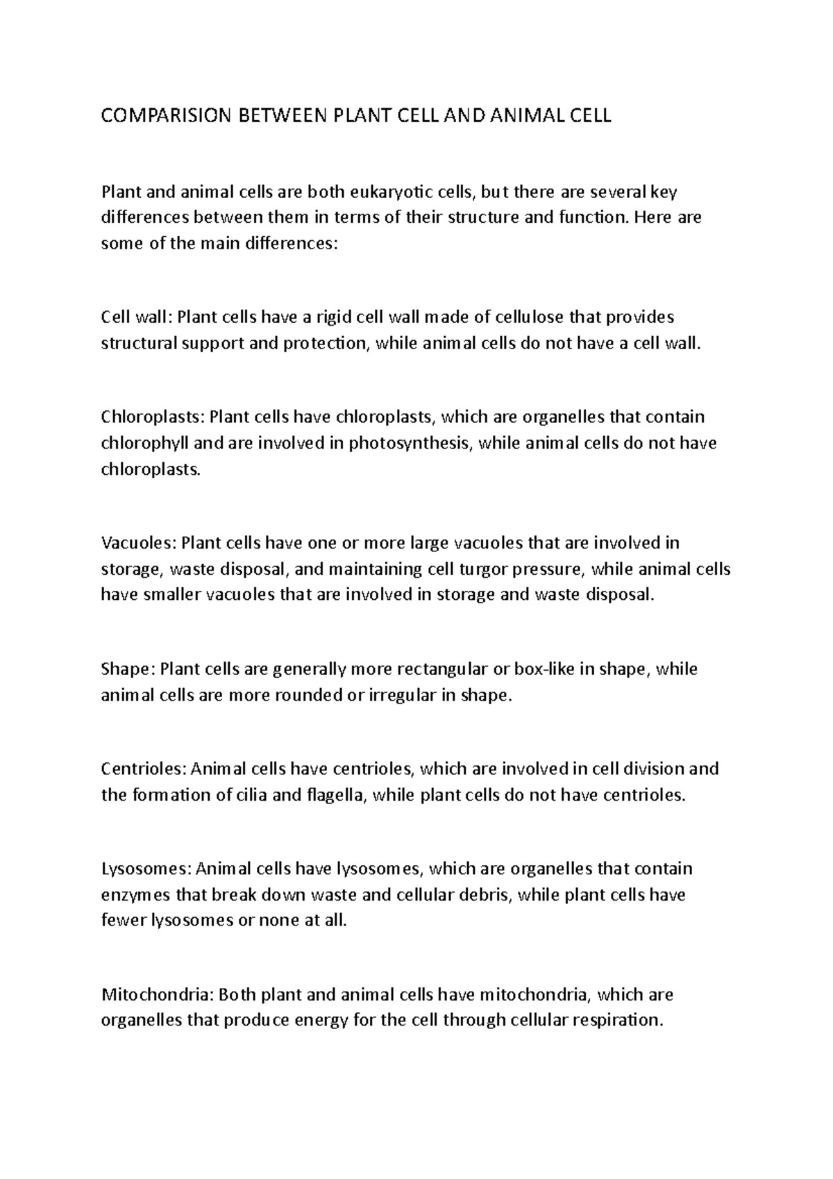 CELL Biology 423 comparison between plant cell and animal cell