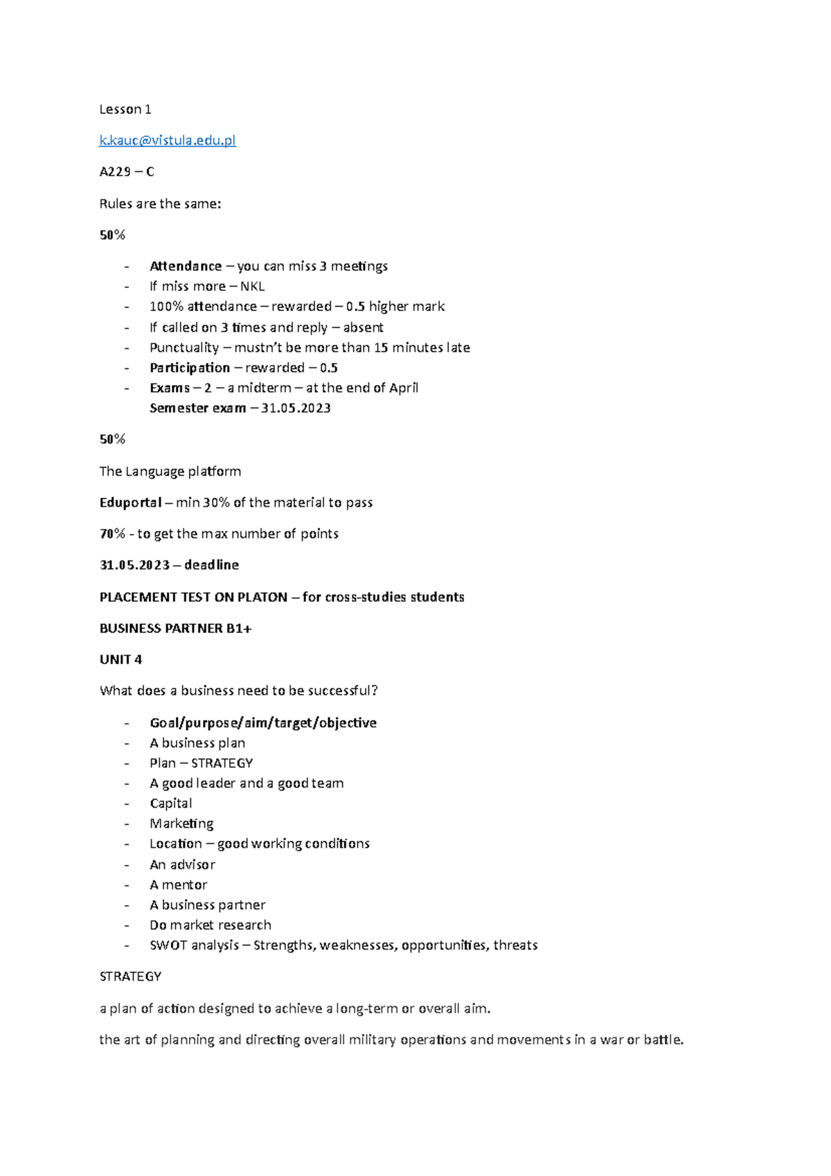 Lesson 1 - 12gj - Lesson 1 k@vistula.edu A229 – C Rules are the same ...