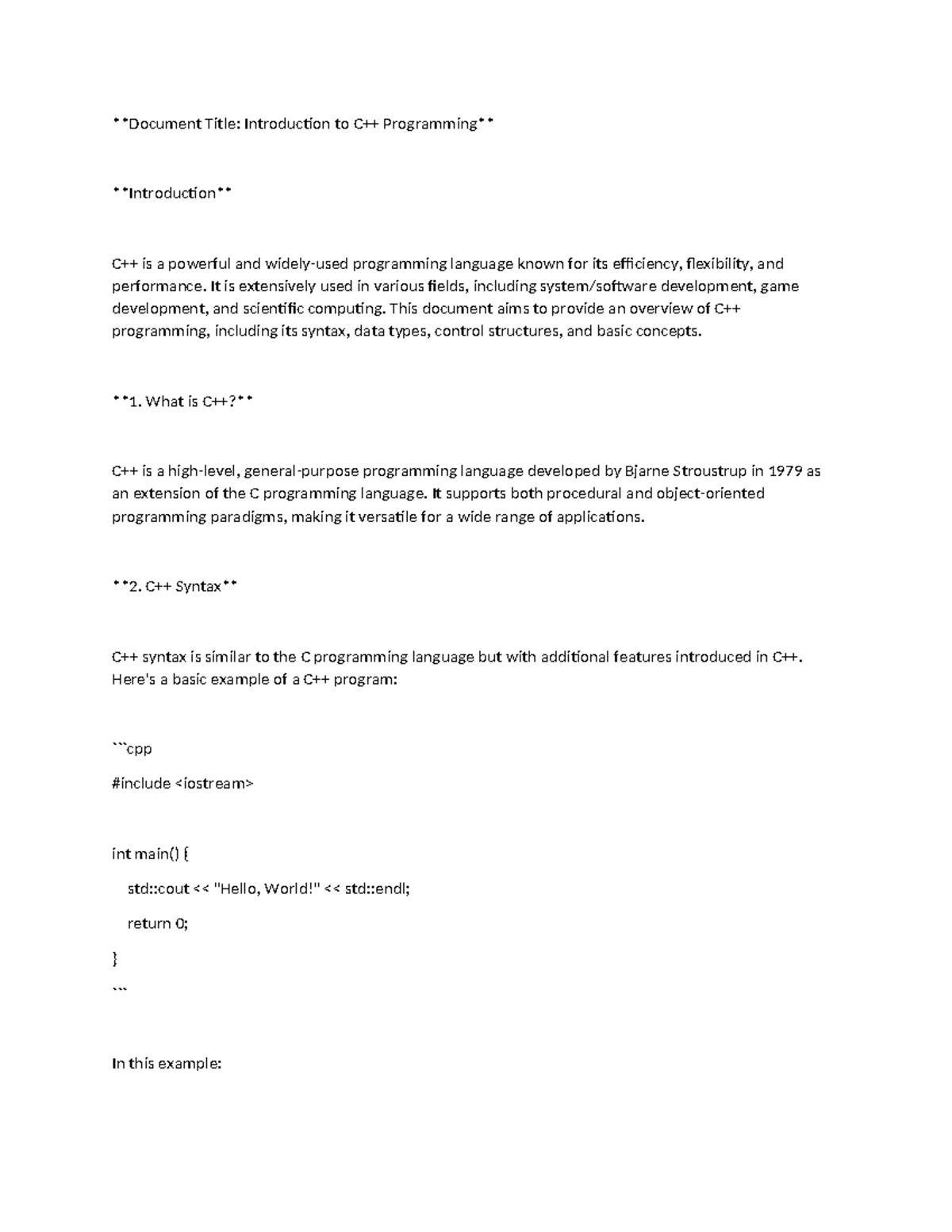 C++ - Summary Computer Science - Document Title: Introduction to C++ ...