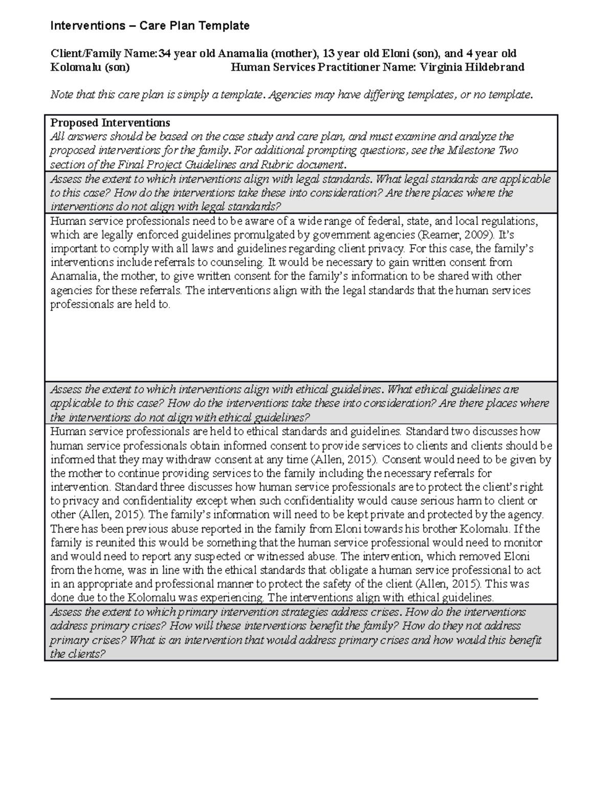 Hse 315 interventions care plan template - Client/Family Name:34 year ...