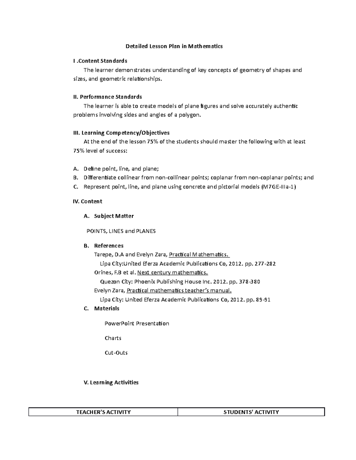 Detailed Lesson Plan in Mathematics - Content Standards The learner ...