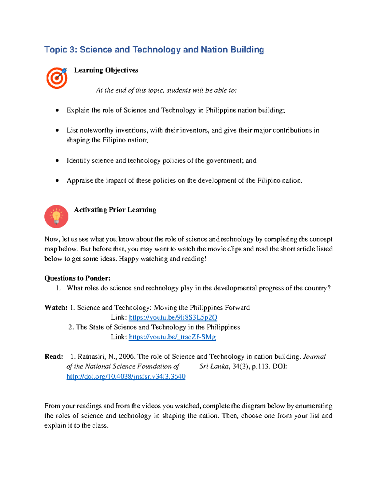 Topic 3 - Topic 3: Science and Technology and Nation Building Learning ...