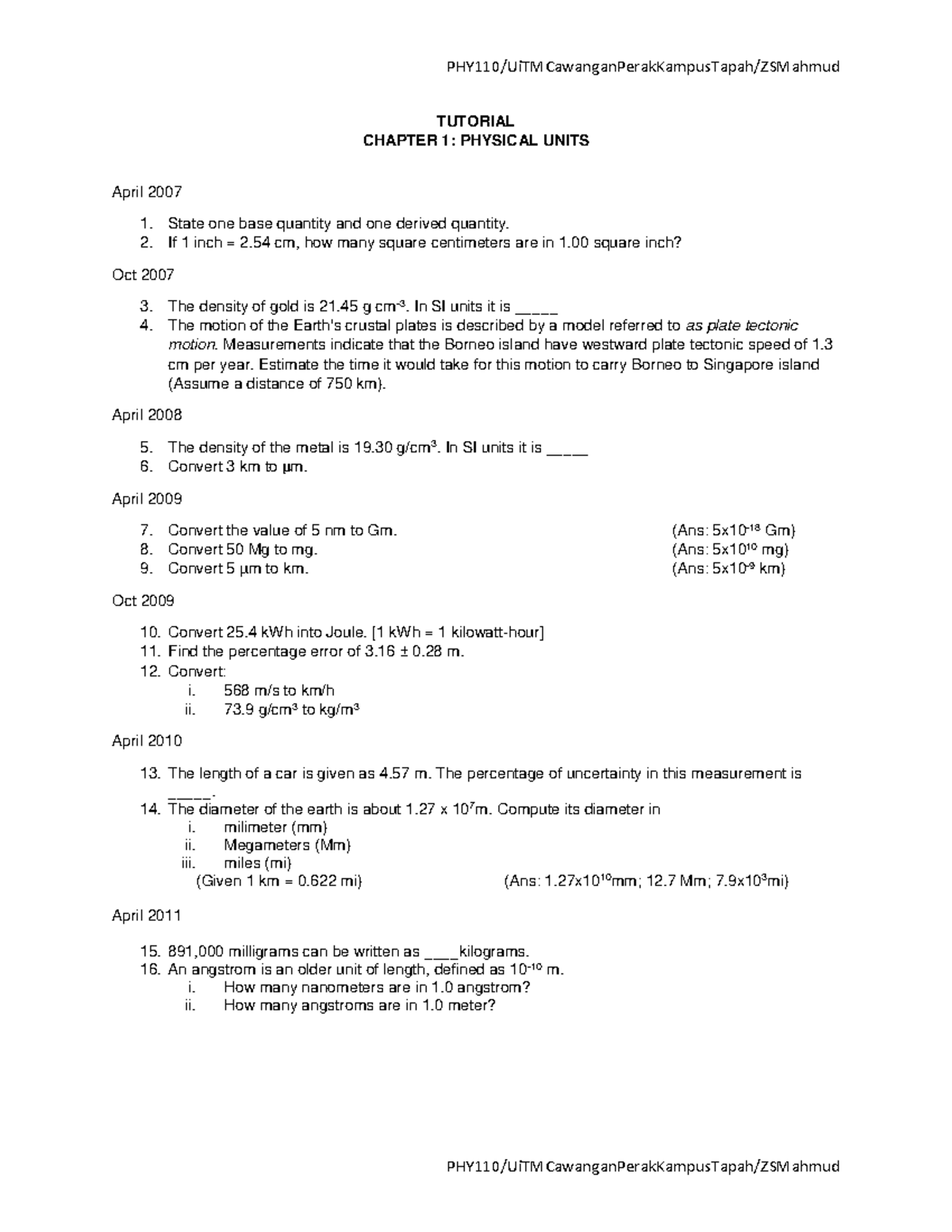 Tutorial Phy Chp 1 Phy110 Uitmcawanganperakkampustapah Zsmahmud Studocu